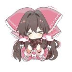  &gt;_&lt; 1girl :&lt; alternate_costume blush bow bow_button brown_hair brown_scarf clenched_hands closed_eyes closed_mouth coat cold commentary_request facing_viewer frilled_bow frilled_hair_tubes frills hair_between_eyes hair_bow hair_intakes hair_tubes hakurei_reimu hands_up highres long_hair long_sleeves pink_coat plaid plaid_scarf red_bow scarf shaking shirocha_tei simple_background solo touhou trembling twitter_username upper_body white_background white_bow 