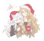  2girls :p ;d ahoge alternate_costume animal_ear_fluff animal_ears arknights arm_hug black_nails black_sweater blazer blonde_hair blue_eyes brown_jacket brown_ribbon brown_shirt candy candy_cane chinese_commentary christmas closed_mouth collarbone commentary_request cream cream_on_face cropped_torso cup dated dog_ears dog_girl drill_hair drink droopy_ears earrings english_text facing_viewer fingernails food food_on_face fur-trimmed_headwear fur_trim grey_eyes grey_hair hair_between_eyes hand_out_of_frame hand_up hands_up happy hat height_difference high_collar highres holding holding_candy holding_candy_cane holding_cup holding_drink holding_food jacket jewelry kaleka kristen_(arknights) lappland_(arknights) leaning leaning_on_person light_smile long_fingernails long_hair long_sleeves looking_at_another looking_at_viewer looking_down looking_to_the_side merry_christmas messy_hair mug multiple_girls nail_polish necklace one_eye_closed open_mouth pale_color pale_skin pom_pom_(clothes) print_mug red_headwear ribbon santa_hat scar scar_across_eye scar_on_face shirt simple_background smile standing star_(symbol) star_necklace strapless strapless_shirt sweater tongue tongue_out turtleneck turtleneck_sweater upper_body very_long_hair wavy_hair white_background wide_sleeves wolf_ears wolf_girl yuri 