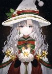  1girl black_background christmas_tree_earrings earrings gloves grey_eyes grey_hair hair_ornament hat holding holding_star jewelry light_smile looking_at_viewer mistletoe original parted_bangs santa_hat shiromine_kana single_earring snow solo star_(symbol) star_hair_ornament watermark wavy_hair white_gloves white_headwear 