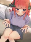  1girl black_skirt blue_eyes blunt_bangs blurry blurry_background blush breasts butterfly_hair_ornament casual commentary_request eyelashes eyes_visible_through_hair feet_out_of_frame from_above go-toubun_no_hanayome hair_ornament heart highres incoming_hug indoors kakato_0 large_breasts looking_at_viewer medium_hair miniskirt nakano_nino open_hands open_mouth pleated_skirt purple_shirt red_hair shirt sitting skirt sleeves_past_wrists smile solo thighs tsurime two_side_up 
