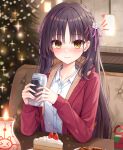  1girl :3 absurdres black_hair blurry blurry_background blush braid cafe_stella_to_shinigami_no_chou cake cake_slice can candle casual cc_lin chinese_commentary christmas christmas_tree closed_mouth coat collared_shirt commentary earrings elbows_on_table english_commentary eyelashes eyes_visible_through_hair flower food fruit fur-trimmed_hood fur_trim hair_between_eyes hair_flower hair_ornament hair_ribbon hands_up happy heart highres holding holding_can hood hood_down indoors jewelry long_hair looking_at_viewer mixed-language_commentary mole mole_under_eye nail_polish notice_lines official_alternate_costume open_clothes open_coat pink_nails pink_ribbon red_coat ribbon rose shiki_natsume shirt side_braid sitting smile snowflake_necklace snowflakes solo sparkle straight_hair strawberry stud_earrings upper_body very_long_hair white_flower white_rose white_shirt yellow_eyes 