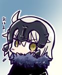  1girl ahoge bangs cape chibi commentary eyebrows_visible_through_hair fate/grand_order fate_(series) flat_color fur-trimmed_cape fur_collar fur_trim gradient gradient_background green_background hair_between_eyes headpiece jeanne_d&#039;arc_(alter)_(fate) jeanne_d&#039;arc_(fate)_(all) jeanne_d'arc_(alter)_(fate) jeanne_d'arc_(fate)_(all) kasuga_yuuki portrait short_hair silver_hair wicked_dragon_witch_ver._shinjuku_1999 yellow_background yellow_eyes 