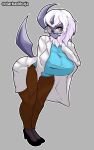 1_horn absol absurd_res amber_(ambersol13) anthro big_breasts big_butt blue_clothing blue_sweater blue_topwear bottomwear breasts brown_bottomwear brown_clothing brown_pants butt clothing coat dark_body darkadibuja eyewear fan_character female footwear fur generation_3_pokemon glasses hi_res horn lab_coat nintendo pants pokemon pokemon_(species) red_eyes shoes solo sweater tail thick_thighs topwear white_body white_fur