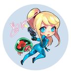  alien blonde_hair blue_eyes bodysuit breasts chibi gun large_breasts long_hair looking_at_viewer metroid metroid_(creature) na_young_lee ponytail samus_aran solo weapon zero_suit 