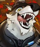 2023 abstract_background absurd_res anthro canid canine canis close-up clothed clothing epic_games eyebrows fortnite fur happy hat headgear headshot_portrait headwear hi_res looking_at_viewer male mammal open_mouth open_smile portrait sharp_teeth signature simple_background smile snout solo teeth tongue tongue_out tuft wendell_(fortnite) wolf zarockthewolf zipper
