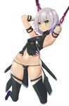  :o absurdres arm_belt armpits arms_behind_head arms_up bandaged_arm bandages bangs bare_shoulders belt belt_buckle black_belt black_footwear black_panties black_shirt boots breasts buckle dagger dual_wielding eyebrows_visible_through_hair facial_scar fate/apocrypha fate_(series) green_eyes grey_hair groin hair_between_eyes halter_top halterneck highres holding holding_dagger holding_knife holding_weapon jack_the_ripper_(fate/apocrypha) knife looking_at_viewer lowleg lowleg_panties navel panties reverse_grip scabbard scar scar_across_eye scar_on_cheek sheath shirt short_hair shoulder_tattoo simple_background skindentation sleeveless sleeveless_shirt small_breasts solo star_(sky) stomach tama-san tattoo thigh_boots thighhighs turtleneck underwear unsheathed weapon white_background 