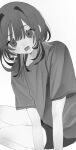  1girl absurdres blush bruise crying fang greyscale hair_intakes hanataro_(sruvhqkehy1zied) highres injury long_hair looking_at_viewer monochrome multicolored_hair open_mouth original self-harm_scar shirt short_sleeves shorts sitting solo sweat t-shirt tears 