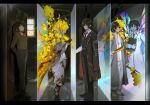  1girl 2boys black_eyes black_hair blood blood_on_clothes blood_on_face branch closed_mouth coat crystal_wings dongbaek_(project_moon) e.g.o_(project_moon) flaw_eight flower golden_bough_(limbus_company) grey_coat holding holding_branch limbus_company long_sleeves medium_hair mirror multiple_boys multiple_persona multiple_views pants project_moon sang_yi_(project_moon) spoilers white_coat white_hair white_pants yellow_flower yi_sang_(project_moon) 