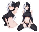  1girl alternate_costume arm_up armpits bare_shoulders black_garter_straps black_hair black_panties black_sweater black_thighhighs blush breasts commentary cropped_torso english_commentary garter_straps hair_ornament highres hololive hololive_english ku_roiko large_breasts long_hair looking_at_viewer meme_attire multicolored_hair multiple_views navel open_mouth panties ribbed_panties ribbed_sleeves ribbed_thighhighs shiori_novella simple_background sleeveless sleeveless_sweater sleeveless_turtleneck smile split-color_hair stomach sweater teeth thighhighs turtleneck turtleneck_sweater two-tone_hair underwear virgin_destroyer_sweater virtual_youtuber white_background white_hair x_hair_ornament yellow_eyes 