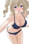  1girl :d barbara_(genshin_impact) bare_arms bare_shoulders bikini blonde_hair blue_bikini blue_eyes blush breasts cleavage commentary cowboy_shot genshin_impact hyunta large_breasts long_hair looking_at_viewer navel nose_blush open_mouth simple_background smile solo standing stomach swimsuit thighs twintails white_background 