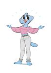  2017 4_fingers anthro barefoot belt blue_fur breasts cartoon_network cat clothed clothing digital_media_(artwork) feline female fur hi_res jeans junyoi mammal navel nicole_watterson open_arms open_mouth pants pose shirt simple_background solo standing the_amazing_world_of_gumball white_background 