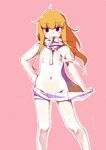  2017 :3 absurdres blonde_hair blush clothes_tug dated eyebrows_visible_through_hair flat_chest gabriel_dropout groin haapi_jang_p hand_on_hip highres long_hair looking_at_viewer meme_attire messy_hair mouth_hold navel nipples number outline pink_background purple_eyes sketch solo standing sweater sweater_tug tenma_gabriel_white turtleneck turtleneck_sweater virgin_killer_sweater wardrobe_error 