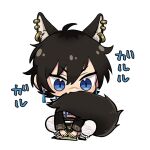 ambiguous_gender animal_humanoid bangs blue_eyes bottomwear canid canid_humanoid canine canine_humanoid chibi clothed clothing crouching ear_piercing ear_ring eyebrows facial_scar fluffy fluffy_tail footwear garu_(nu:_carnival) hi_res humanoid loincloth mammal mammal_humanoid nu:_carnival otinton014 piercing prick_ears ring_piercing scar shoes solo tail wolf_humanoid