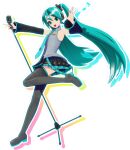  1girl aqua_eyes aqua_hair aqua_nails aqua_necktie armpits black_thighhighs collar detached_sleeves flat_chest grey_shirt hair_between_eyes hatsune_miku holding holding_microphone_stand long_hair looking_at_viewer microphone microphone_stand miniskirt multicolored_clothes multicolored_footwear multicolored_skirt musical_note necktie official_art open_mouth outstretched_arm pleated_skirt project_diva_(series) shirt simple_background skirt sleeveless sleeveless_shirt solo standing standing_on_one_leg thighhighs thighs transparent_background twintails very_long_hair vocaloid waving wide_sleeves zettai_ryouiki 