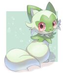  animal_focus artist_name border cat commentary_request green_background green_fur highres iwasi_29 looking_back no_humans pokemon pokemon_(creature) red_eyes sitting sparkle sprigatito twitter_username white_border 