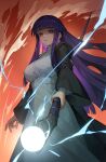  1girl black_coat coat dress fern_(sousou_no_frieren) from_below highres holding holding_staff iamc95 long_hair looking_at_viewer mage_staff magic parted_lips purple_eyes purple_hair solo sousou_no_frieren staff white_dress 