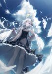  1girl absurdres angel_wings azusa_(blue_archive) black_dress blue_archive blush breasts closed_mouth dress feathered_wings feet_out_of_frame from_below hair_between_eyes halo highres long_hair matsogum sky sleeveless sleeveless_dress small_breasts solo white_hair white_wings wings yellow_halo 