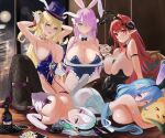  &gt;_&lt; 5girls absurdres animal_ears armpits azur_lane bare_shoulders bird black_horns black_leotard black_pantyhose blonde_hair blue_hair blue_headwear blue_leotard breasts breasts_on_tray butterfly_hair_ornament card chick chunchilin cleavage collar constellation_(azur_lane) constellation_(galaxy&#039;s_finest)_(azur_lane) covered_navel cup curled_horns detached_collar drinking_glass fake_animal_ears green_eyes guam_(azur_lane) guam_(stage-setting_charmer)_(azur_lane) hair_between_eyes hair_ornament hair_over_one_eye hat high_heels highres hindenburg_(azur_lane) hindenburg_(delirious_duel)_(azur_lane) holding holding_tray horns kearsarge_(all_night_charge)_(azur_lane) kearsarge_(azur_lane) large_breasts leotard long_bangs long_hair looking_at_viewer louisville_(an_order_of_dreams)_(azur_lane) louisville_(azur_lane) lying manjuu_(azur_lane) multiple_girls official_alternate_costume on_back on_stomach pantyhose pink_hair playboy_bunny playing_card pointy_ears purple_eyes purple_footwear rabbit_ears red_eyes red_hair thigh_strap top_hat tray white_collar white_hair white_pantyhose wine_glass 