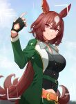  1girl animal_ears belt black_hair black_shirt blurry breasts brown_hair buttons cloud collared_shirt day depth_of_field fingerless_gloves gloves green_jacket green_pants grin hand_up horse_ears horse_girl horse_tail jacket long_hair looking_at_viewer medium_breasts nanaheibei_3 outdoors pants pendant_choker red_eyes shirt sirius_symboli_(umamusume) smile solo tail umamusume upper_body viewfinder 