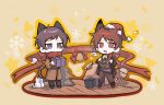  2boys :3 animal_ears black_hair black_jacket black_pants blue_eyes brown_coat brown_hair cat_boy cat_ears cat_tail chibi chinese_commentary coat commentary_request fox_boy fox_ears fox_tail harada_minoru highres jacket kemonomimi_mode male_focus multiple_boys no_nose open_clothes open_jacket open_mouth pale_skin pants purple_shirt red_eyes red_scarf saibou_shinkyoku scarf scarf_over_mouth shirt short_hair shuijiaohao tail utsugi_noriyuki 