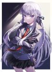  1girl black_gloves black_jacket black_skirt border braid brown_necktie closed_mouth collared_shirt crossed_arms danganronpa:_trigger_happy_havoc danganronpa_(series) gloves grey_hair grey_shirt highres jacket kirigiri_kyoko kusatakesi long_sleeves miniskirt necktie open_clothes open_jacket outside_border pink_eyes pleated_skirt revision shirt side_braid single_braid skirt smile solo white_border white_shirt 