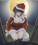  1girl bag bell black_eyes black_hair blush boots bra_strap breasts choker cleavage cleavage_cutout clothing_cutout dress full_moon hat highres komi-san_wa_komyushou_desu komi_shouko large_breasts long_hair miniskirt moon moonlight neck_bell night night_sky santa_boots santa_costume santa_dress santa_hat skirt sky solo thighs through_window window yona_springer 