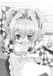  bangs barefoot bell blush breasts checkered checkered_kimono eyebrows_visible_through_hair from_above glasses greyscale hair_bell hair_between_eyes hair_ornament highres japanese_clothes jingle_bell kimono kimono_pull looking_at_viewer monochrome motoori_kosuzu nipples small_breasts solo sweat touhou two_side_up we53_(wagnar) wide_sleeves wooden_floor 