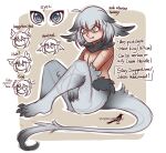 black_claws clawed_feet clawed_hands claws cute_fangs english_text fur grey_body grey_eyes grey_fur grey_hair hair head_wings humanoid male model_sheet monster_girl_(genre) nude shriekingmagpie simple_background sitting solo tail tail_tuft text tuft wings