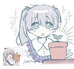  1girl :o cai_(cabbage_0j0) chinese_commentary collared_dress cropped_torso dress flower_pot frilled_dress frills grey_eyes grey_hair hands_up highres hoho_ga_kawaku_made_(vocaloid) holding holding_flower_pot iyowa_(igusuri_please) light_blush long_hair multiple_views plant potted_plant puffy_short_sleeves puffy_sleeves raised_eyebrows reference_inset short_sleeves simple_background sparkle sprout twintails vocaloid wide-eyed 