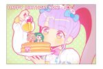  1girl blue_bow blunt_bangs border bow brown_hair center_frills character_doll character_name commentary_request food frills green_background green_hair hair_bow happy_birthday holding holding_plate honey idol_clothes long_hair long_sleeves manaka_non oshiri_(o4ritarou) pancake pancake_stack plate polka_dot polka_dot_background pouring pretty_series pripara purple_eyes purple_hair side_ponytail smile solo taiyo_pepper tsukikawa_chili two_side_up upper_body usacha very_long_hair white_border 