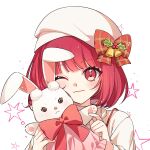  1girl anamnesis123 arima_kana beret bob_cut christmas hat hat_ribbon highres inverted_bob looking_at_viewer merry_christmas one_eye_closed oshi_no_ko rabbit red_eyes red_hair ribbon shirt short_hair simple_background smile solo star_(symbol) upper_body white_headwear white_shirt 