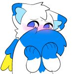 anthro belovedfoxx blue_body blue_fur blush canid canine canis feathers flustered fur lucky_(sona) male mammal solo tail_hold white_body white_fur wings wolf yellow_body yellow_feathers
