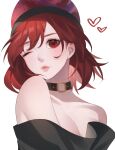  1girl absurdres bare_shoulders black_choker black_shirt breasts choker cleavage closed_mouth commentary heart hecatia_lapislazuli highres looking_at_viewer medium_hair nasu1225 o-ring o-ring_choker off-shoulder_shirt off_shoulder one_eye_closed pursed_lips red_eyes red_hair shirt simple_background solo touhou upper_body white_background 