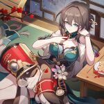  1girl 1other artist_request breasts brown_hair cleavage green_eyes highres honkai:_star_rail honkai_(series) lap_pillow large_breasts long_hair nose_bubble pocket_watch pom-pom_(honkai:_star_rail) ruan_mei_(honkai:_star_rail) sleeping watch 