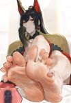  1girl animal_ears arknights barefoot black_hair dorsiflexion feet feet_on_table foot_focus foreshortening head_rest highres jewelry laserflip looking_at_viewer nail_polish red_eyes soles solo spread_toes steaming_body sweat sweatdrop toe_ring toe_scrunch toes x-ray ya_(arknights) 