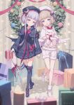 2girls 34341211 :d absurdres arcaea beret black_capelet black_dress black_headwear black_wings blonde_hair blue_eyes capelet christmas christmas_present christmas_wreath closed_mouth crescent dress eto_(arcaea) facial_mark gift hat hat_ornament highres holding holding_hands holding_scissors hugging_doll hugging_object long_sleeves looking_at_viewer luna_(arcaea) multiple_girls purple_eyes purple_hair scissor_blade_(kill_la_kill) scissors shorts siblings smile standing standing_on_one_leg star_(symbol) stuffed_animal stuffed_toy twins white_capelet white_headwear white_shorts white_wings wings wreath 
