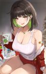  1boy 1girl absurdres bandaid bandaid_on_arm bare_shoulders black_hair breasts brown_eyes christmas cleavage colored_inner_hair earrings green_hair hat highres how_the_grinch_stole_christmas jewelry large_breasts miru_(ormille) mole mole_on_breast mole_under_eye multicolored_hair ormille santa_hat smile the_grinch 