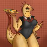 anthro clothed clothing dinosaur dromaeosaurid feathered_dinosaur feathers female kimu_(kimuraptor) kimuraptor looking_at_viewer makeup paint_palette pencil_(object) reptile scalie simple_background solo tail theropod