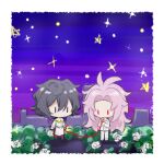  2boys antenna_hair capelet chibi flower gold_trim grey_hair hair_between_eyes hatsutori_hajime highres jiekuijiangshadaonijiamenkou long_hair long_sleeves male_focus multiple_boys night no_mouth no_nose outdoors pants parted_bangs pink_hair red_pants rose saibou_shinkyoku shirt short_hair sparkle star_(sky) star_(symbol) string string_of_fate utsugi_noriyuki white_capelet white_flower white_pants white_rose white_shirt 