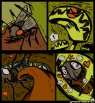 &lt;3 ambiguous/ambiguous ambiguous_gender arthropod bite black_body blush bodily_fluids captured carnivorous_plant comic dipteran exclamation_point feral green_body group hi_res imminent_vore insect inside_mouth licking mouth_play multi_leg multi_limb plant predator/prey red_eyes saliva spiral_eyes steam sweat tongue tongue_out tonywelt trapped venus_flytrap wings