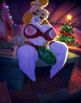 2020 animal_crossing anthro artist_logo big_breasts blush boosterpang breasts canid canine canis christmas clothing dildo domestic_dog female genitals hi_res holidays huge_breasts humanoid_genitalia humanoid_penis isabelle_(animal_crossing) legwear logo mammal nintendo nipple_cutouts nippleless_bra nippleless_clothing nipples penis sex_toy shih_tzu slightly_chubby solo strapon thigh_highs toy_dog