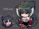  2boys abs black_hair black_pants black_wings chain chest_tattoo closed_mouth devil_jin fang forehead_jewel gloves grey_background grey_horns horns kazama_jin kotorai male_focus multiple_boys navel no_nose open_mouth pants pectorals red_eyes red_gloves short_hair shoulder_tattoo studded_gloves surprised tattoo tekken topless_male wings 
