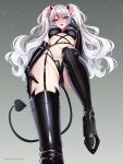  1girl absurdres black_gloves breasts demon_girl demon_horns demon_tail elbow_gloves gloves gradient_background grey_background highres hime_tyan_art horns kneehighs large_breasts latex legs long_hair navel open_mouth original socks solo tail thighhighs twintails white_hair 
