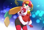  1girl :d bell blonde_hair bodysuit bow cowboy_shot dress green_bow green_eyes hair_bow helmet kaidou_zx long_hair long_sleeves looking_at_viewer low-tied_long_hair mega_man_(series) mega_man_battle_network_(series) open_mouth ponytail red_dress roll.exe_(mega_man) santa_dress smile solo v 