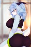 absurd_res anthro big_breasts bottomwear bovid breasts butt caprine clothed clothing digital_media_(artwork) eyewear female fur glasses goat hair hi_res horn l3landbunny7 looking_at_viewer mammal simple_background solo sportswear tail topwear