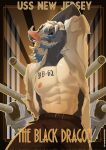 anthro black_body blue_eyes clothing digital_media_(artwork) dragon fur hair hi_res humanoid kanikamahusky male nipples ranged_weapon ship solo text vehicle warship watercraft weapon