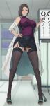  1girl bare_shoulders black_thighhighs blush breasts coat full_body hand_on_own_hip highres holding indoors kesoshirou large_breasts long_sleeves looking_at_viewer off_shoulder original parted_lips purple_eyes short_hair solo standing thighhighs thighs white_coat 