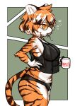  1girl animal_ears animal_print arknights black_panties black_shirt body_fur border breasts cup english_text furry furry_female glasses green_background hand_on_own_hip highres holding holding_cup large_breasts mouth_hold mug panties round_eyewear see-through see-through_shirt shirt sleeveless sleeveless_shirt solo tail tiger_ears tiger_girl tiger_print tiger_tail tofffffu underwear waai_fu_(arknights) white_border 
