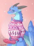 3:4 anthro blush clothing dragon feathered_wings feathers fluffy genitals half_body hi_res male penis skyvo solo standing sweater topwear wings