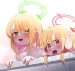  2girls absurdres blonde_hair blue_archive blush colored_inner_hair green_eyes green_halo halo hand_up highres looking_at_viewer medium_hair midori_(blue_archive) momoi_(blue_archive) multicolored_hair multiple_girls open_mouth pink_hair red_eyes red_halo siblings sisters teeth upper_teeth_only wet wet_hair whonyang 